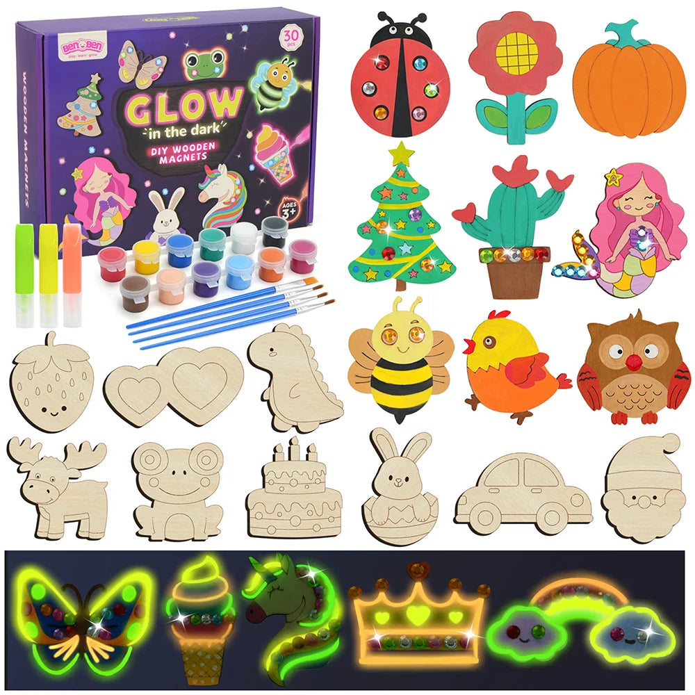 DIY wooden magnet craft kit for kids by I YAN, includes glow-in-the-dark paints and supplies for fun arts and holiday party projects.