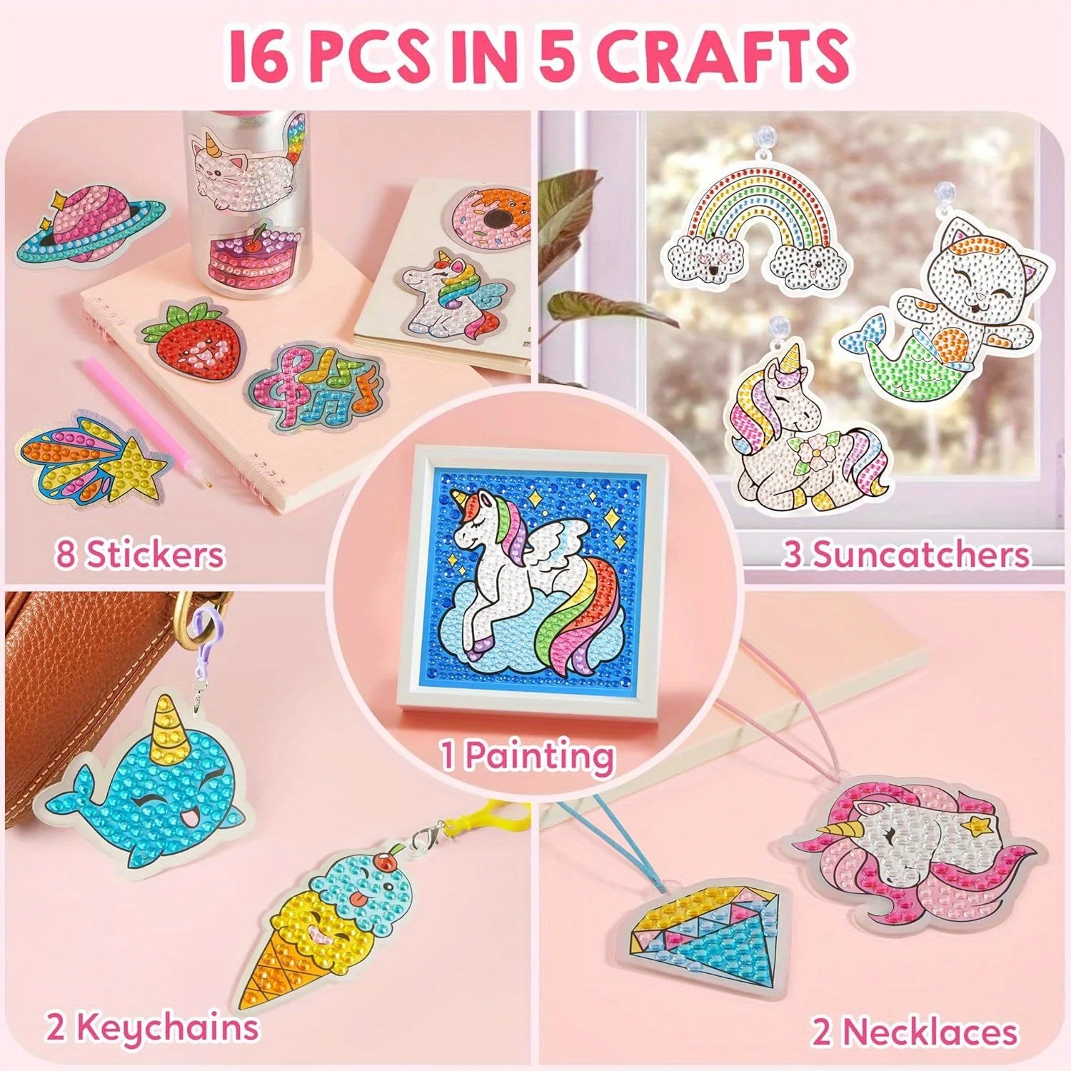 JOYFY 16 projects gem painting kit by I YAN featuring colorful 5D gem craft activity for girls ages 6-12, with diamond gems and tools.