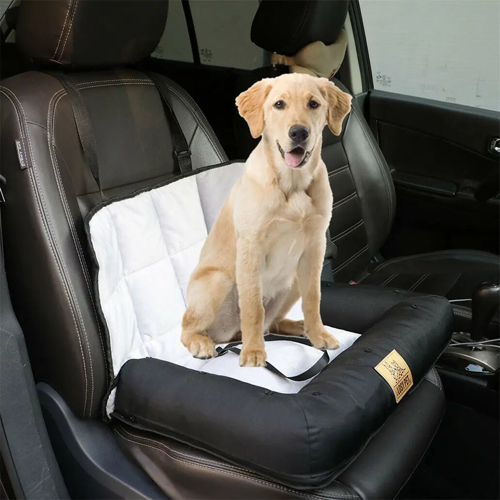 Waterproof I YAN dog car seat bed with removable pad cover, safety belt, in three sizes, designed for comfortable pet travel.