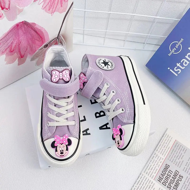 Disney Girls' Canvas Casual Shoes Soft Sole High Top Cartoon Mickey Mouse Minnie Purple White Breathable Shoes Flats Size 24-37