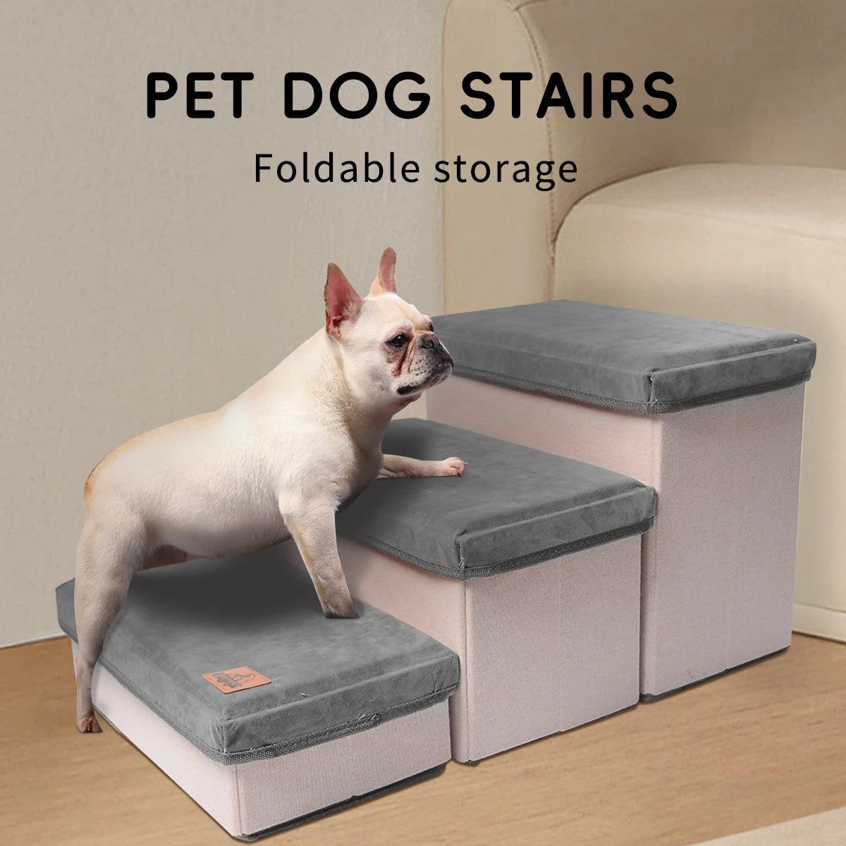 Pet Staircase Designed for Puppies, Senior Dogs, and Injured Dogs. It Has Three Levels and Offers Ample Internal Storage Space.
