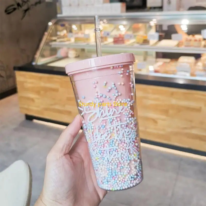 97QC 550ml Rainbow Plastic Water Bottle Double Layer Sequins Drinking Cup with Straw