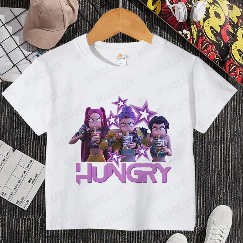 Kawaii K-POP Demon Hunters Kids T-shirt Girl Boy Clothes Children Clothing Fashion Tops Cotton Sweet Gift Short Sleeve Costumes
