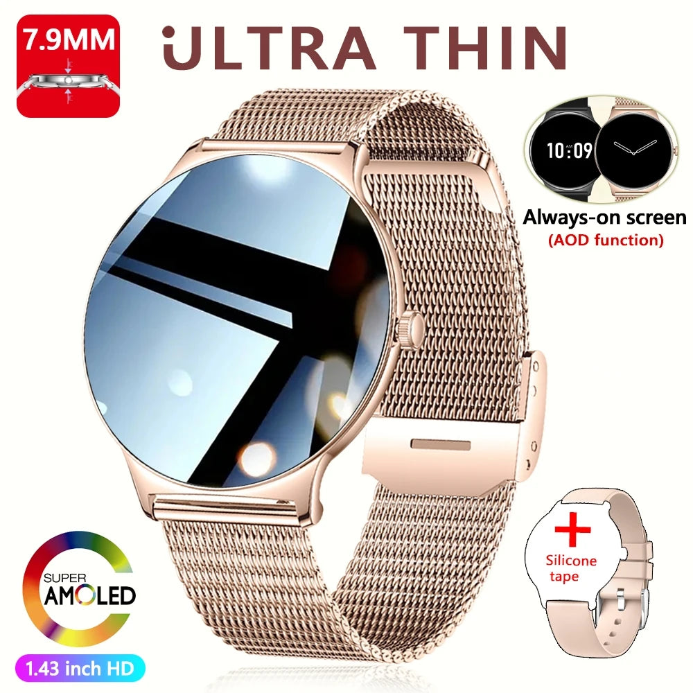 2026 New Ultra Slim AMOLED Smart Watch Women Screen Always Display Time Heart Rate BT Calling High-end Fashion Smartwatch