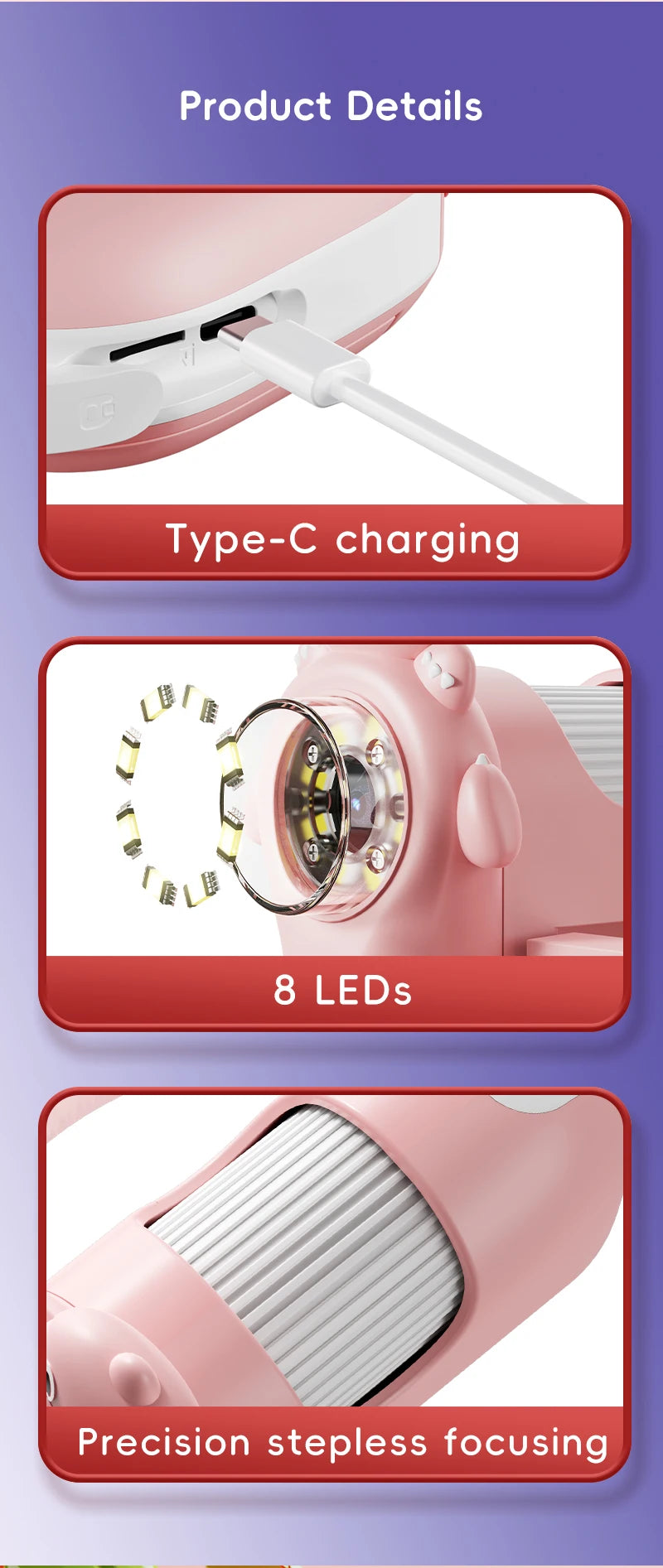 Kids Microscope 8 LED Light 1000x Magnifying Handheld Digital Microscope Adjustable Focus Telescope for Christmas Birthday Gift