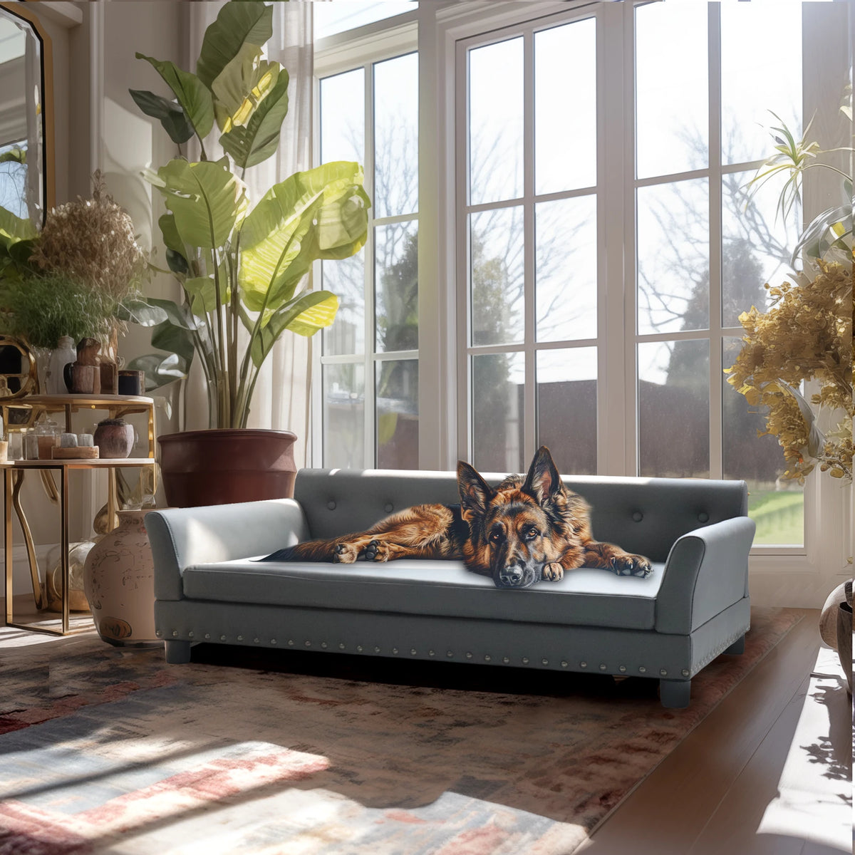 I YAN BINGOPAW rectangle pet bed for medium and large dogs, elevated sofa design with durable fabric and comfortable cushioning.