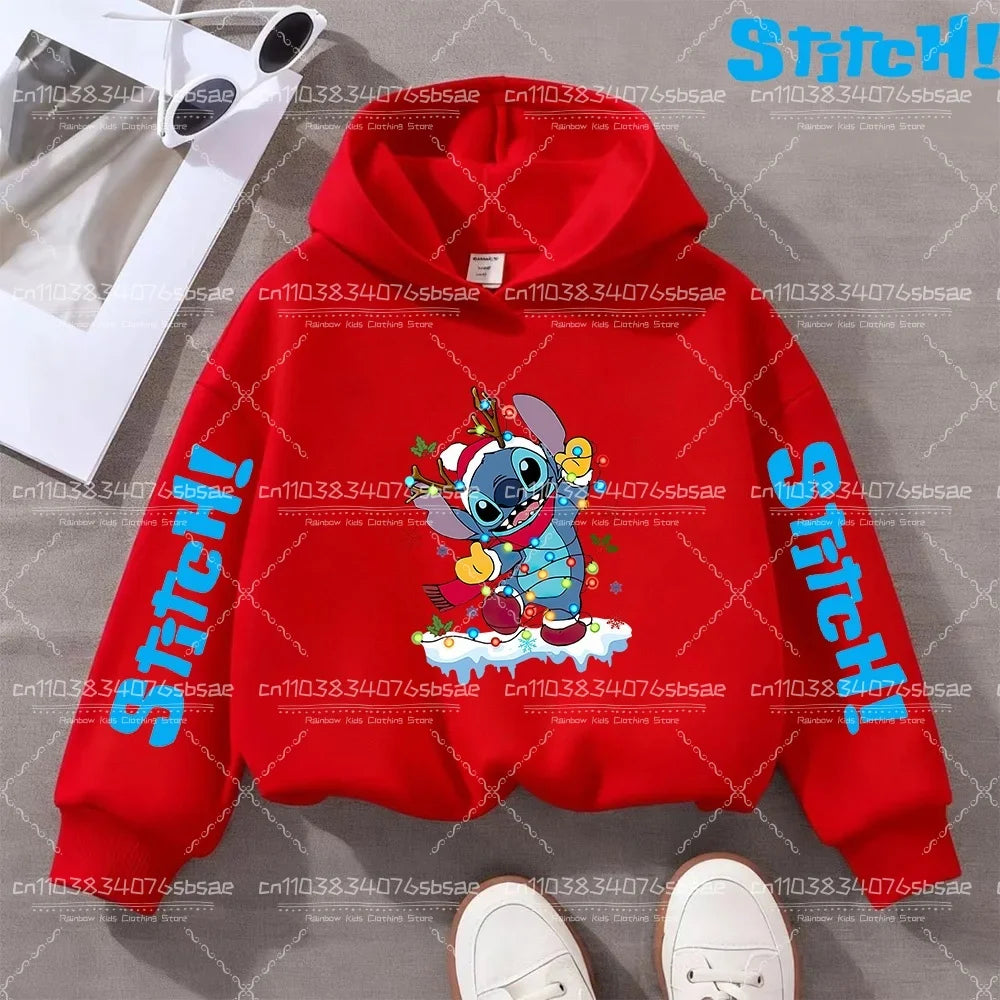 Disney Stitch Sweatshirts for Boys Girls Christmas Clothes Stich Print Hoodies Winter Pullover Outerwear Tops Children Clothing