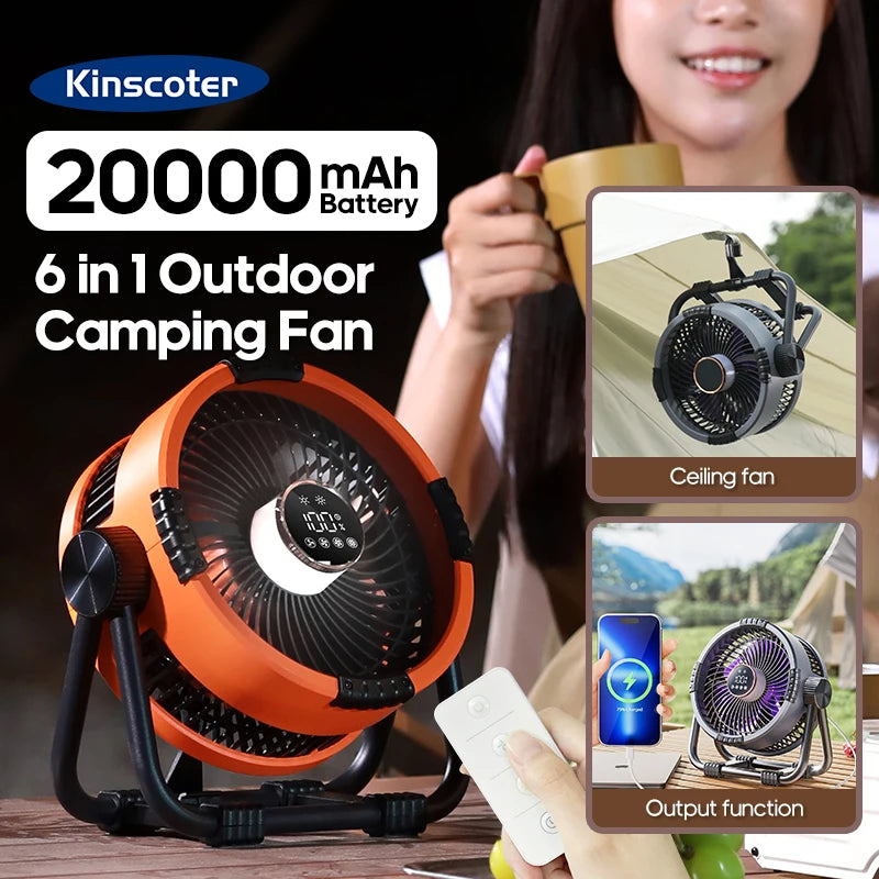 6 in 1 Desktop Fan 20000mAh Outdoor Camping Fan Air Circulator 4 Speed Adjustment Wireless Tent Ceiling Fan