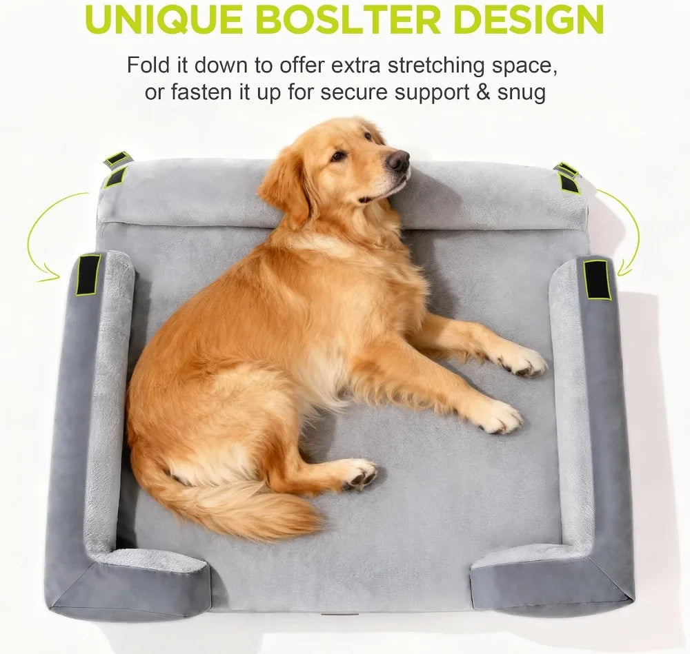 Grey orthopedic dog bed for extra large dogs with memory foam, bolster sides, washable cover, non-slip bottom, 42x30 inches.