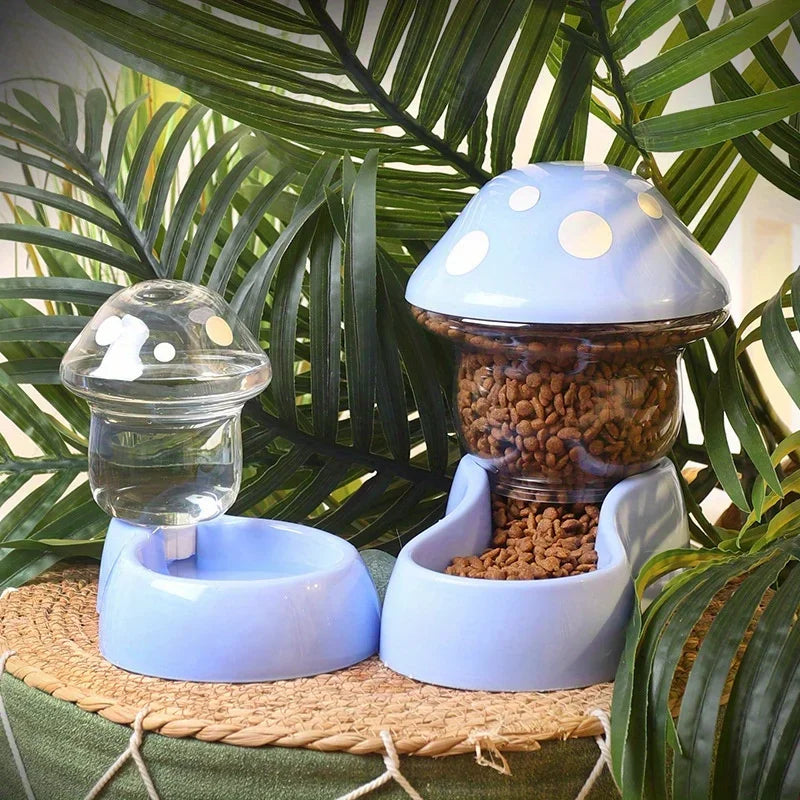 I YAN automatic cat pet feeder with water dispenser, large capacity food container, and cute mushroom design for pets.