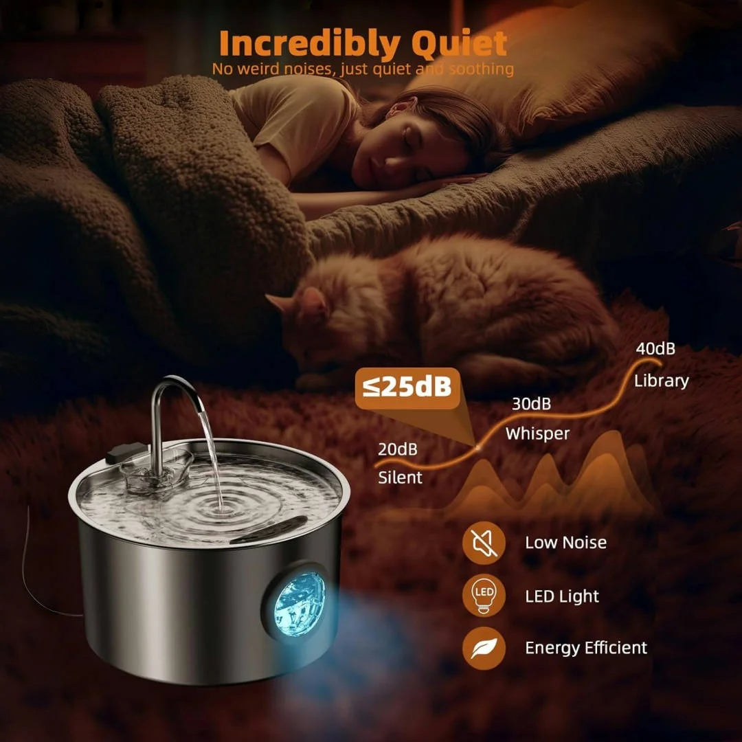 I YAN stainless steel cat water fountain with 108oz capacity, automatic pet dispenser, drinking fountain for cats and dogs with replaceable filters.