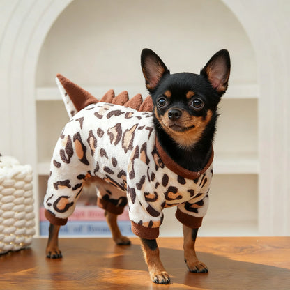 Leopard Dinosaur Dog Pajamas – Warm Fleece Jumpsuit for Small Dogs
