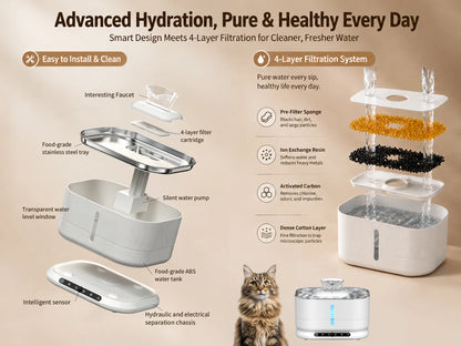 Cordless Cat Water Fountain 3.5L 8000mAh Rechargeable Wireless Pet Water Dispenser Separate Water & Electricity Safe Automatic Circulating Drinking Fountain for Cats Small Dogs