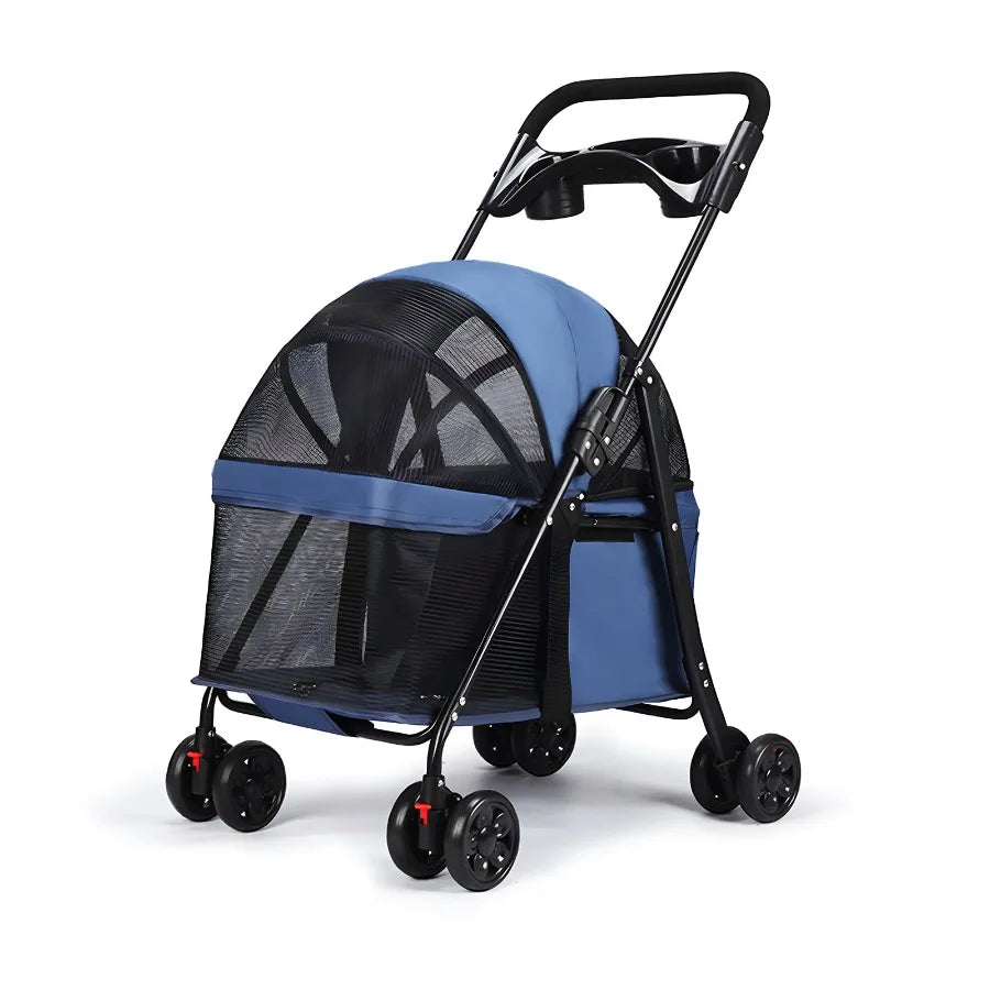 4 Wheels Dog Cat Stroller, Outdoor Travel Pet Folding Stroller, Dog Cat Cage Stroller with Cup Holder, Visible Window for Mediu