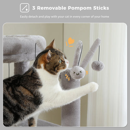 Large multi-level I YAN cat tree with scratching posts, hanging balls, tall perches, and cozy condo for indoor cats.