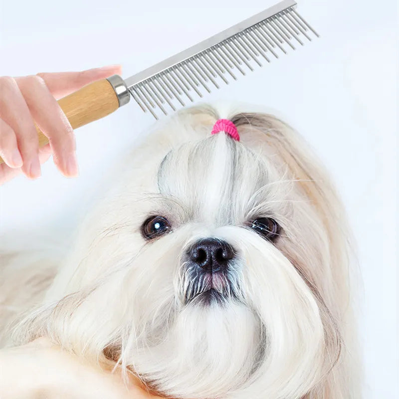 Stainless steel cat comb with wooden handle, pet hair remover and grooming tool for cats and dogs, I YAN brand.