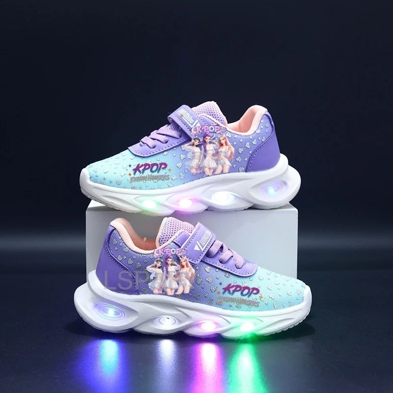Kpop Demon Hunters Children Sneakers for Girls New Led Mesh Casual Shoes Kids Breathable Glowing Up Tennis Sport Shoes
