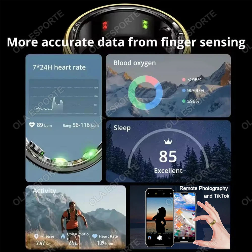 Smart Ring Blood Pressure Heart Rate Sleep Monitoring Smartring IP68 & 5ATM Waterproof Multi-sport Mode Smartring Man Women
