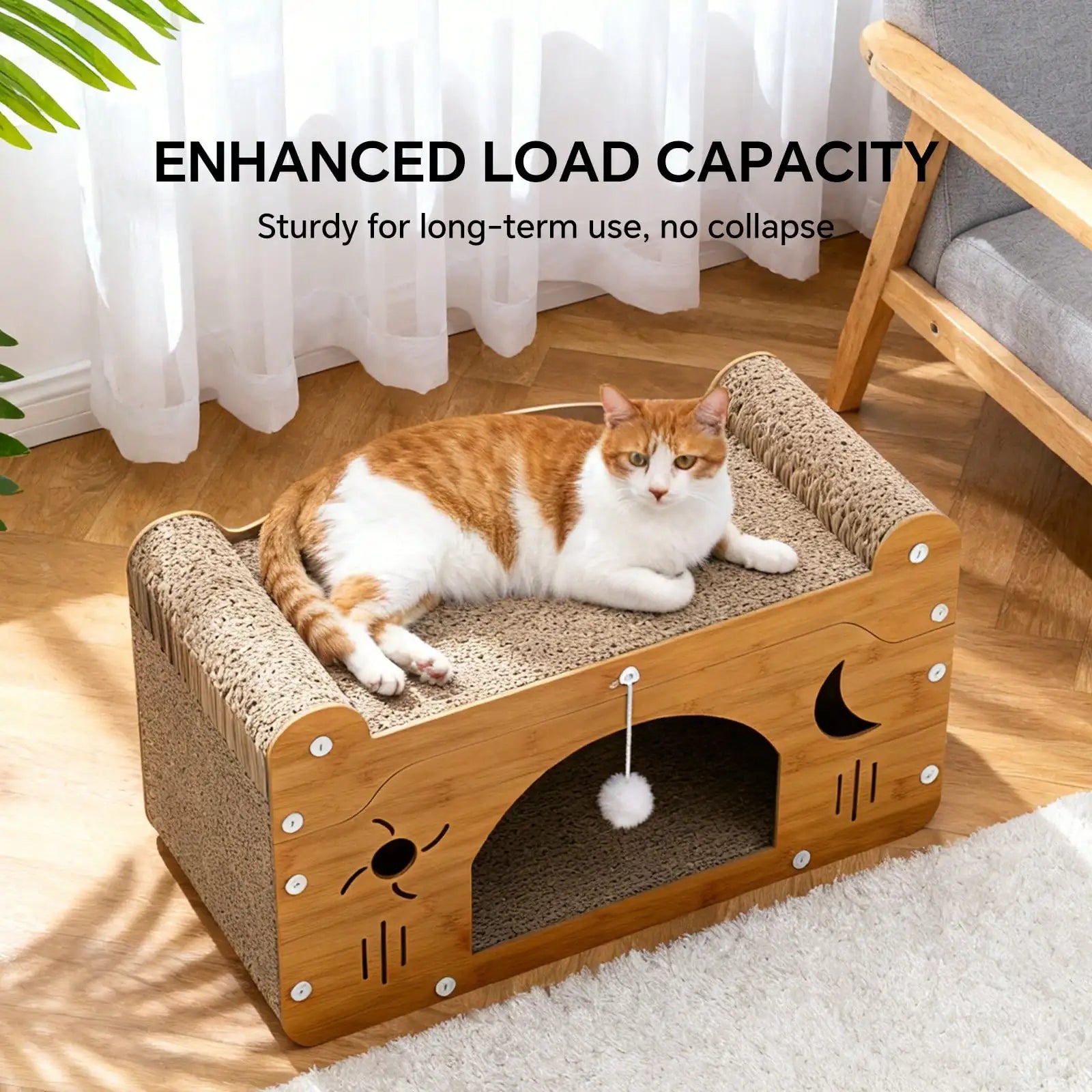 2 In 1 Double Layer Cardboard Cat Scratcher Lounge Bed Bubble Fish Star Moon Double Cat Head Pattern Detachable Upper Platform Cat Hideaway With 2 Hanging Pom Pom Balls For Multi Cat Households