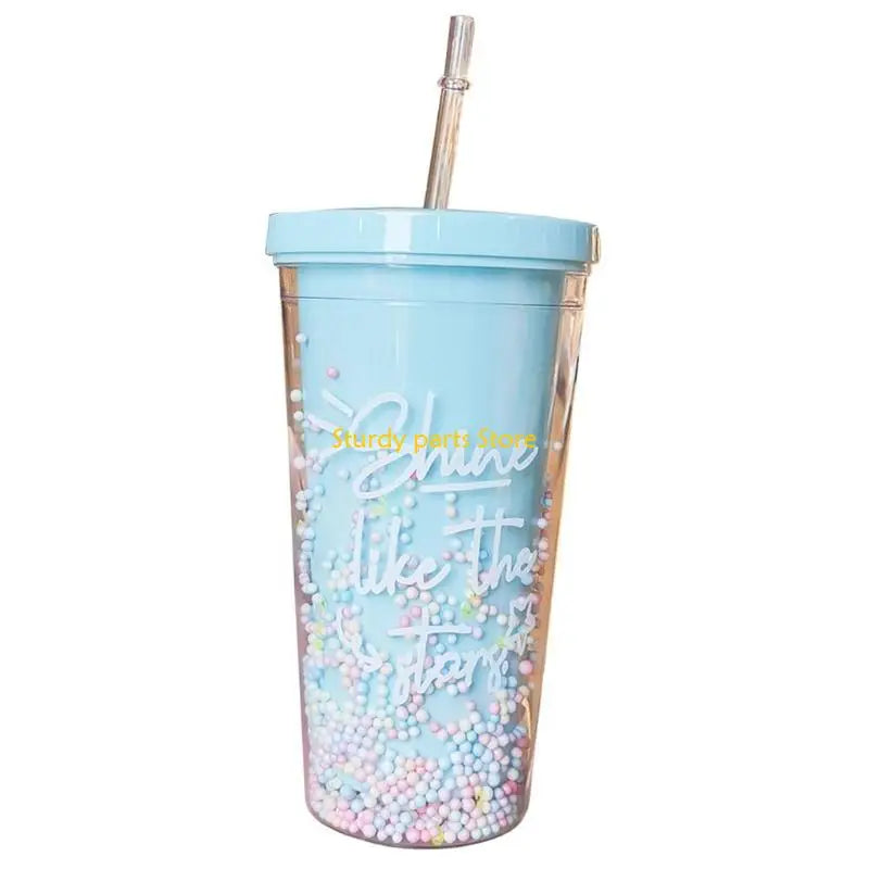 97QC 550ml Rainbow Plastic Water Bottle Double Layer Sequins Drinking Cup with Straw