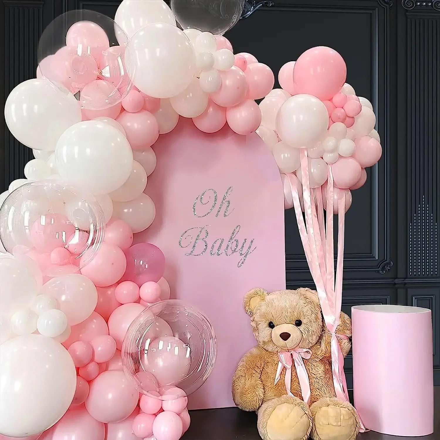 Mehofond Custom 2-Sided Pink Floral Pattern Stripe Girls Birthday Party Baby Shower Covers Chiara Arch Background Decor Backdrop