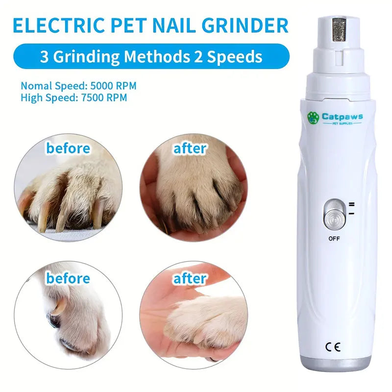 I YAN Quiet Electric Pet Nail Grinder for dogs and cats, USB rechargeable claw trimmer with ergonomic design and safety guard.