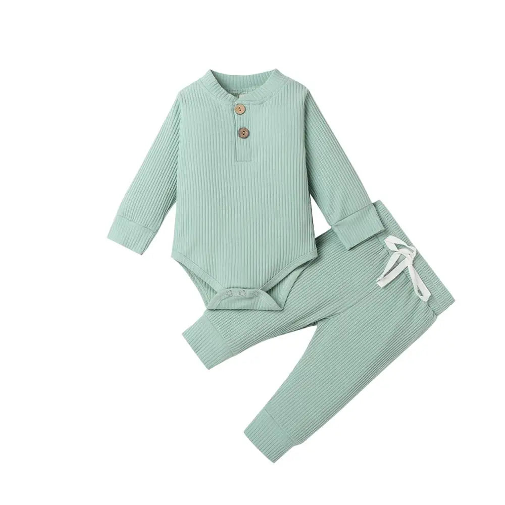 Infant newborn baby girl or boy spring autumn ribbed and plaid 2-piece clothing set with long sleeve bodysuits and elastic pants by I YAN