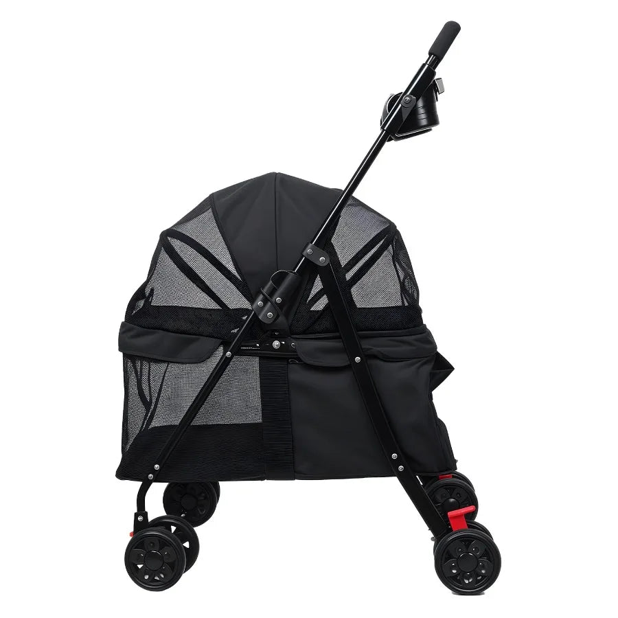 I YAN 4-wheel outdoor pet stroller with foldable design, cup holder, and visible window for medium-sized dogs and cats.