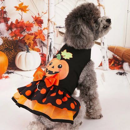Halloween Pumpkin Dog Dress with Bow – Cute Costume for Small Dogs