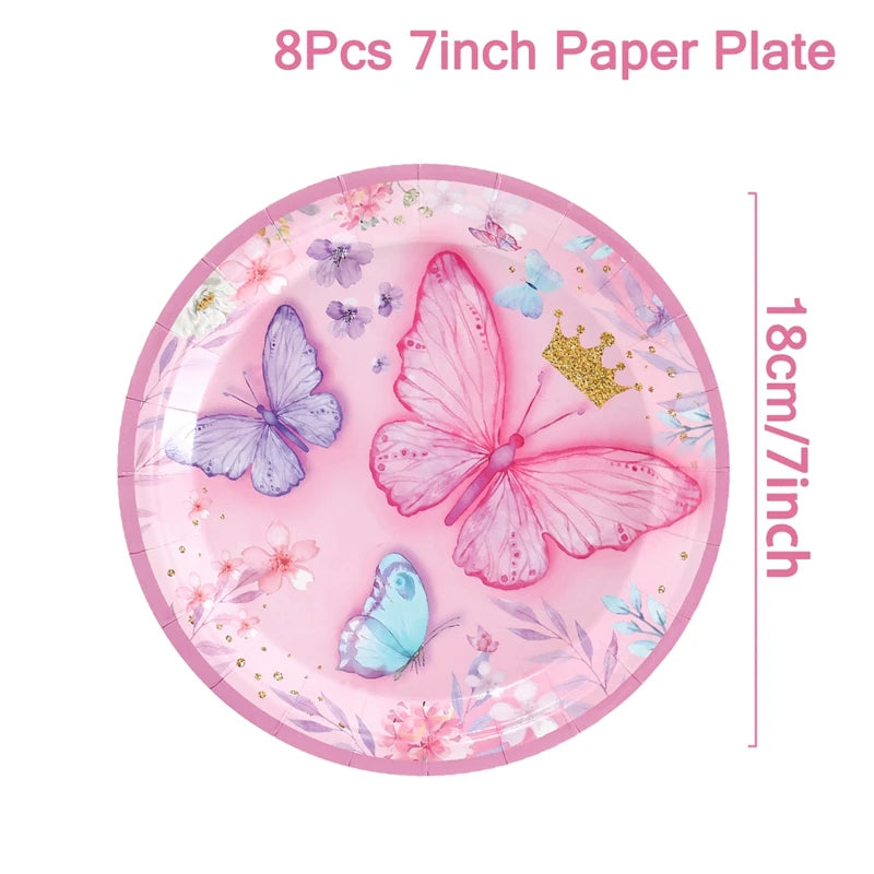 Butterfly Birthday Party Decoration Kids Girls Butterfly Party Disposable Tableware Paper Cup Plate Birthday Baby Shower Party - I YAN