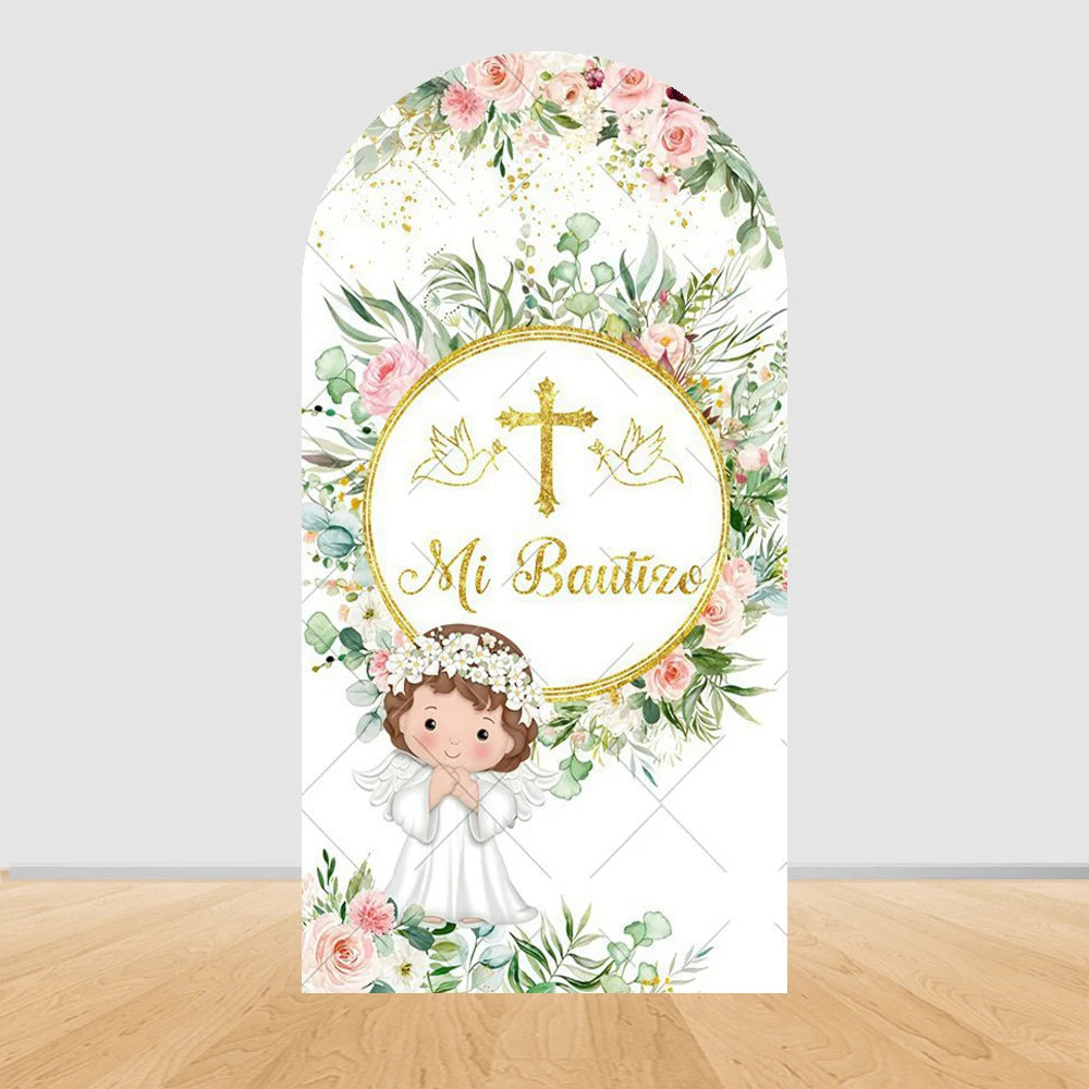 My First Communion Arch Backdrops Cover Flowers God Bless Holy Cross Dove Girl Boy Baptism Baby Shower Decor Arched Background
