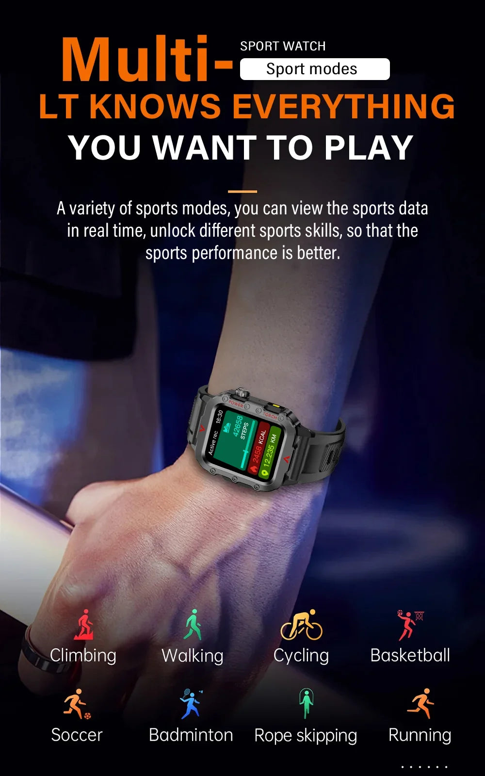 LAXASFIT New Men's Smart Watch LED Flashlight Outdoor Sports Smart Watch Wristwatch Health Monitoring Smart Watch