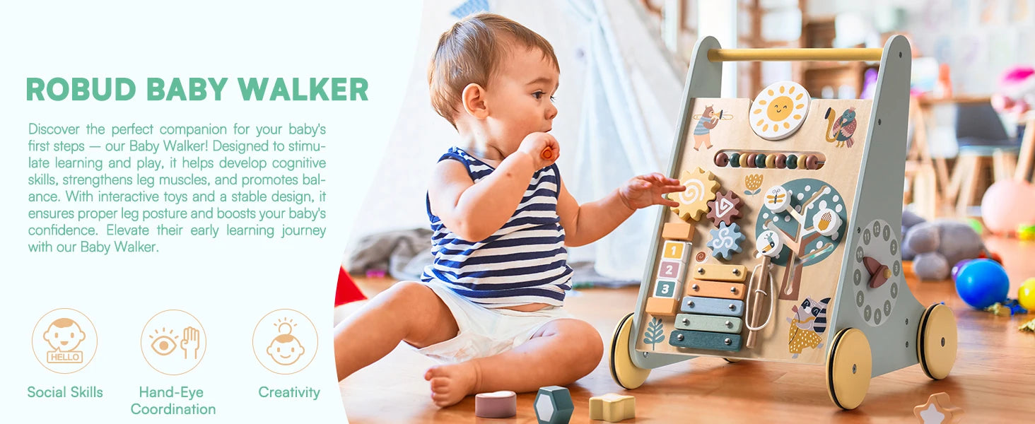 Wooden baby walker by ROBOTIME ROBUD with activity center, storage, and Montessori design, suitable for boys and girls.