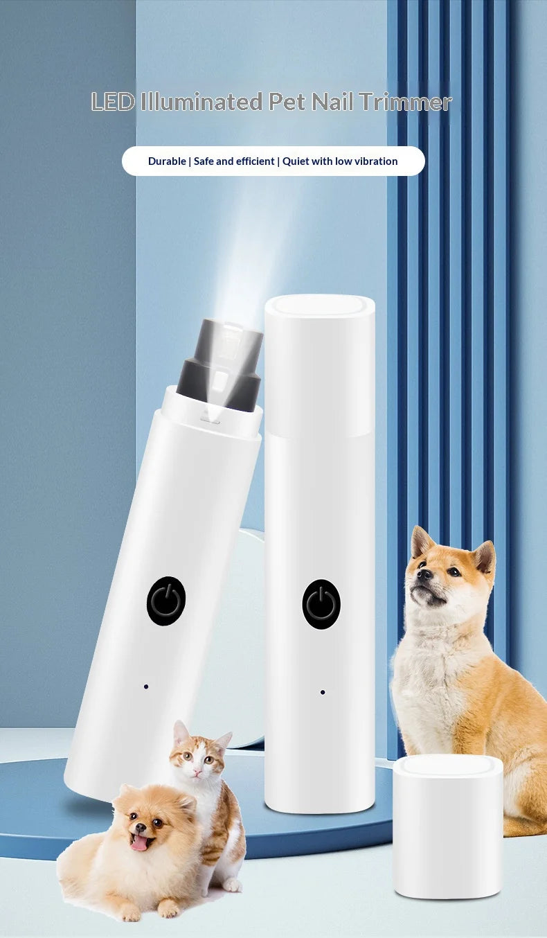 I YAN electric pet nail grinder for dogs and cats with LED light, safety guard, quiet operation, rechargeable puppy nail trimmer.