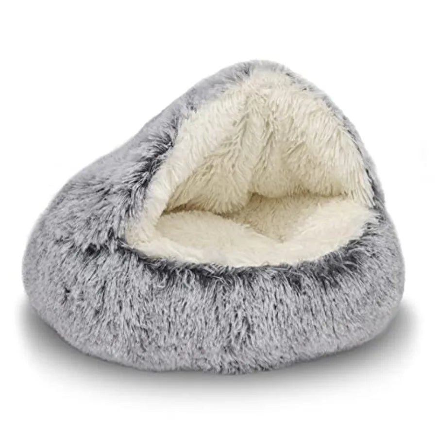 Round plush hooded cat bed by I YAN, cozy and fluffy doughnut-shaped pet cave for indoor cats and small dogs.