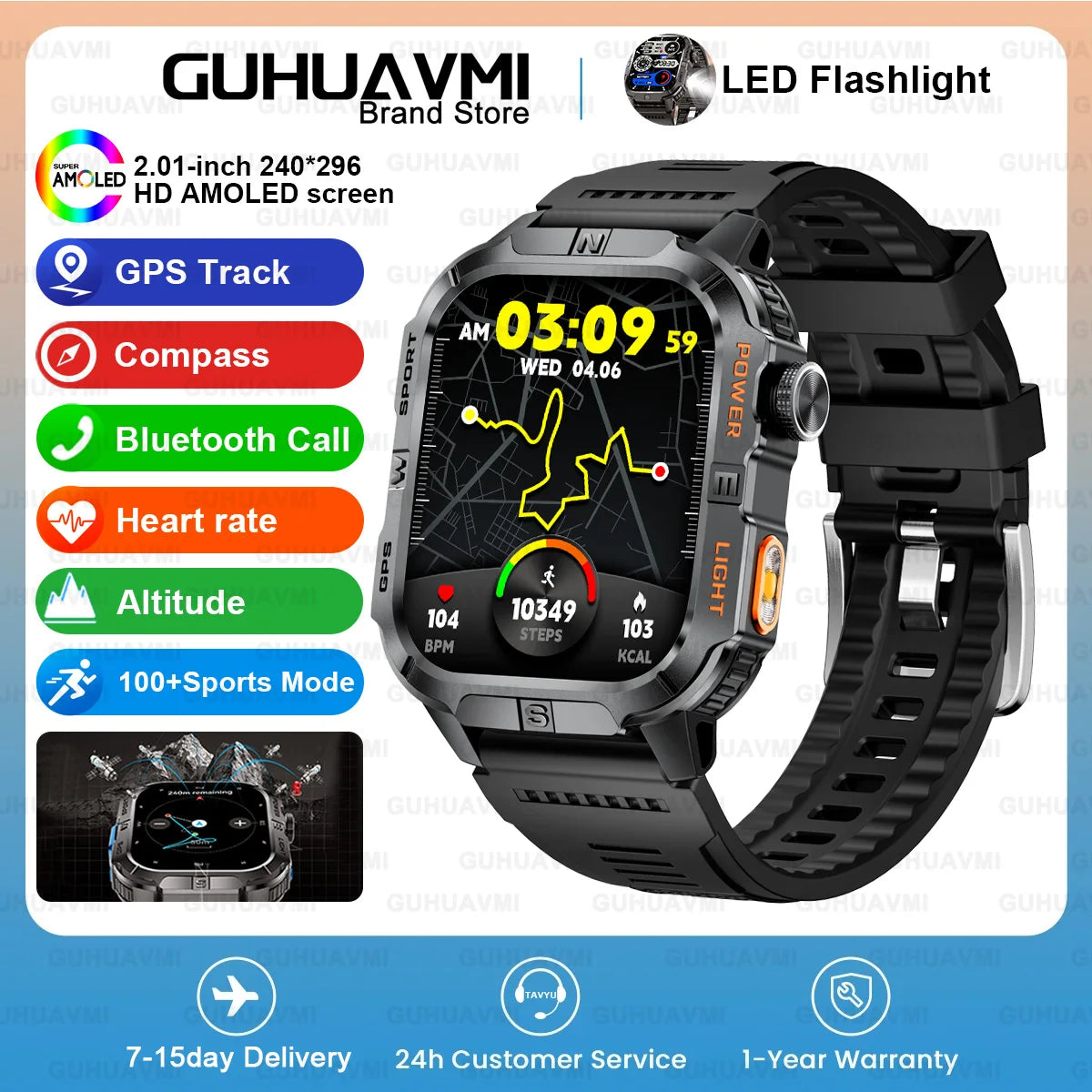 New Dual-Band Satellite GPS Smart Watch Men 2.01'' HD Screen Compass Military Flashlight Watches Waterproof Swim Smart Bracelet