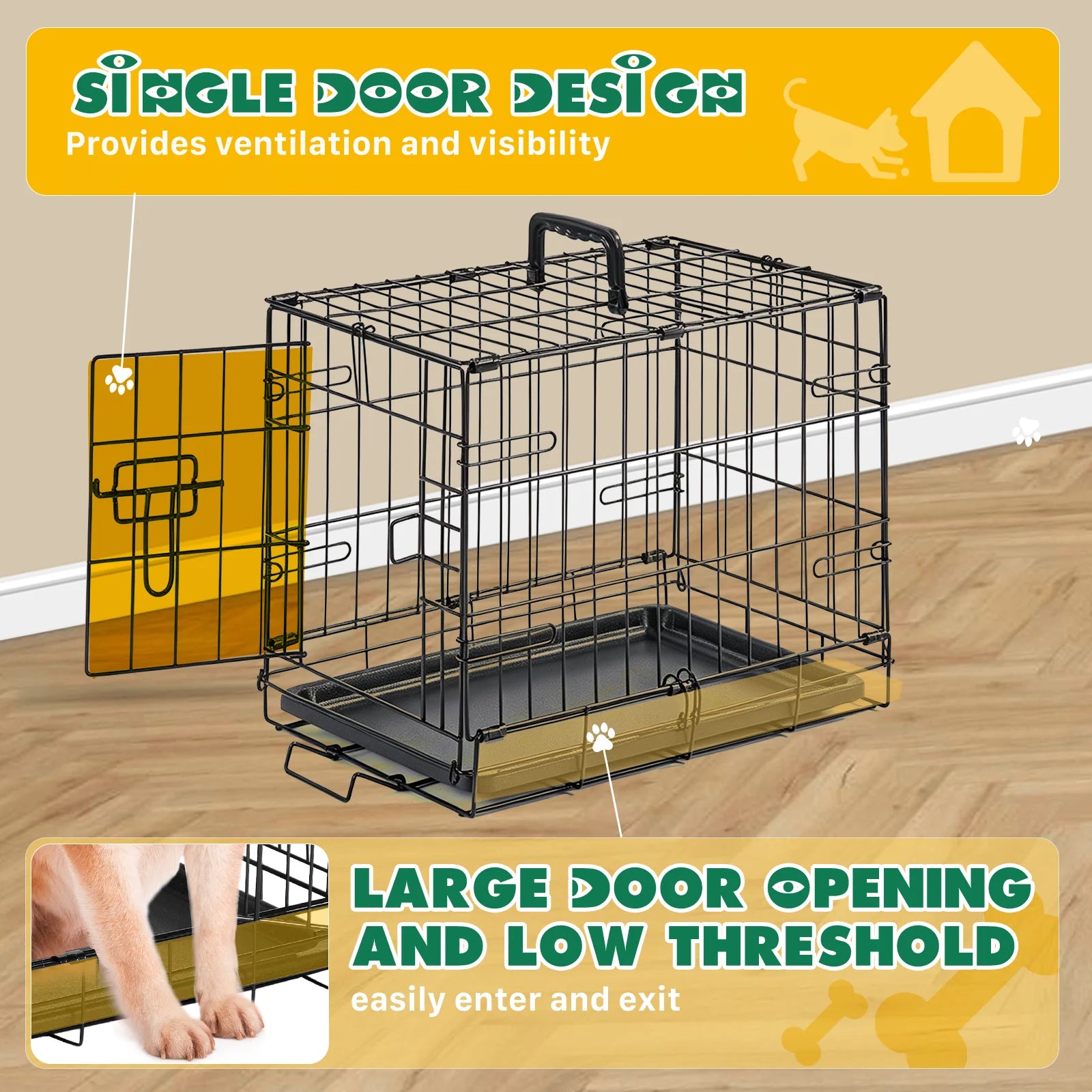 I YAN 18-inch single door metal dog crate with lock, foldable design, removable tray, portable puppy cage for small dogs.