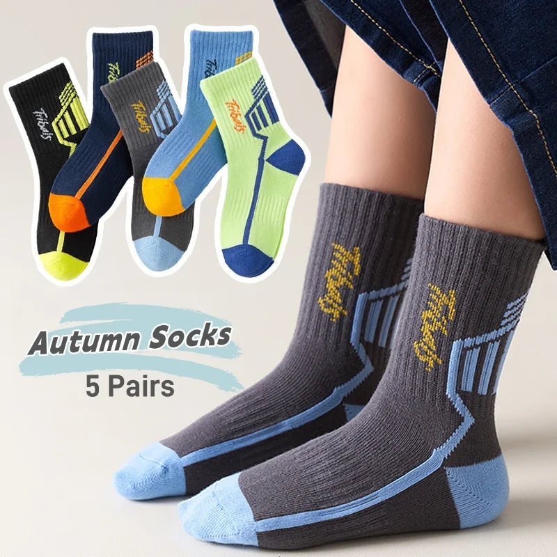 5 Pairs Children's' Socks Spring Autumn Cotton Socks Kids Striped Football Pattern Sock 1-14T Boys Mid-calf Length