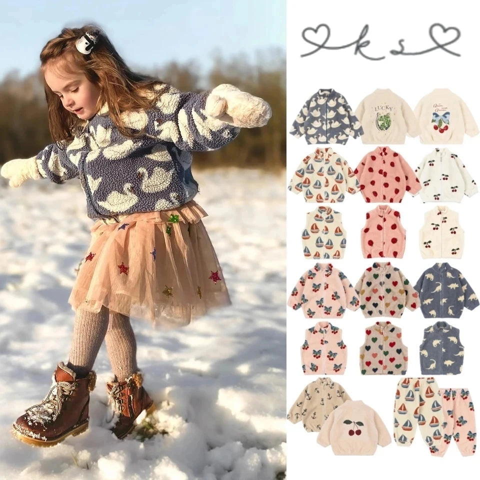 2026 KS Brand Winter Baby Girls Boys Lambswool Cherry Jackets Kids Clothes Boys Sequin Cartoon Outerwear Children's Coats 1-9Yrs