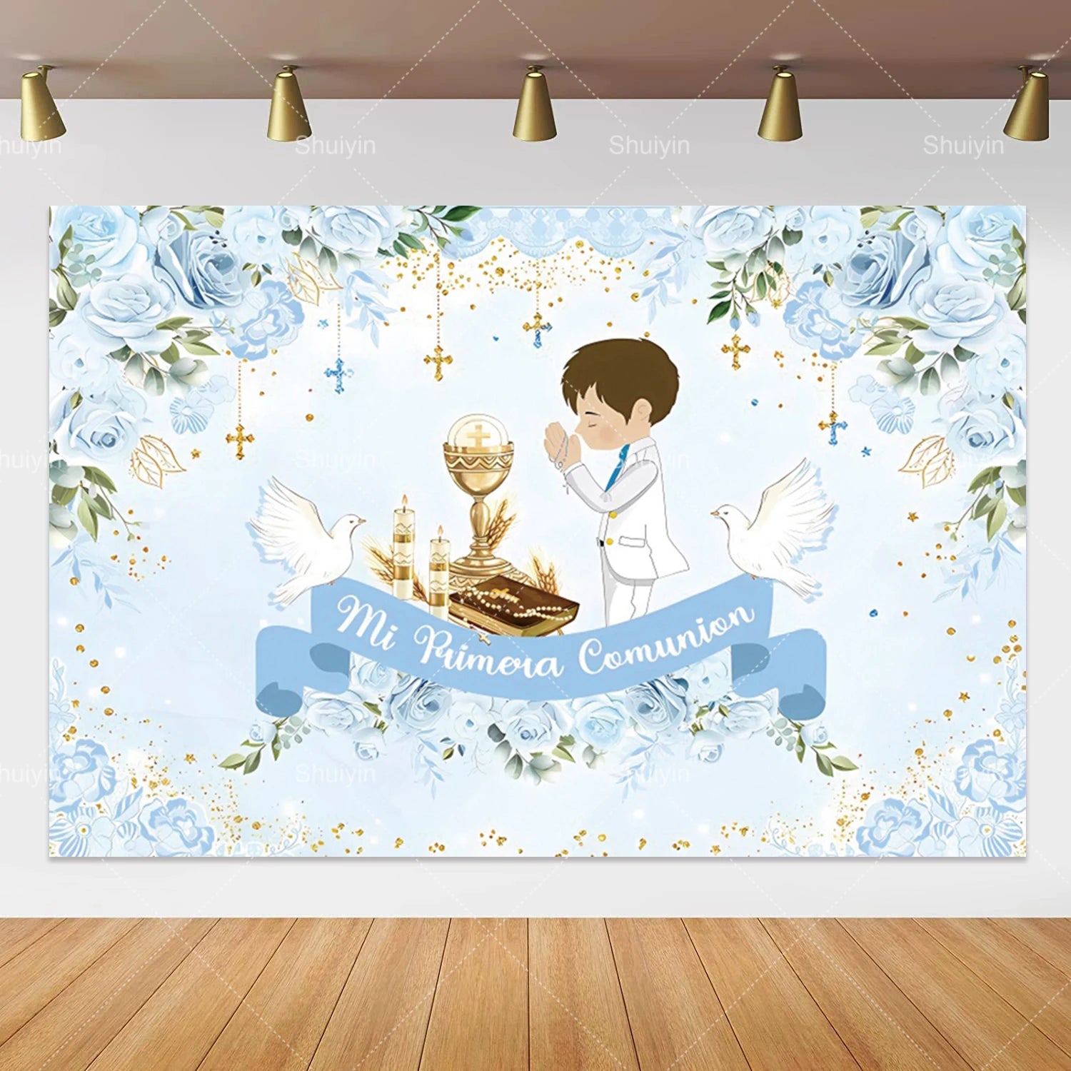 Boy Girl First Communion Backdrop Gold Cross Grail God Bless Baptism Party Decor Background Christening Baby Shower Photo Props