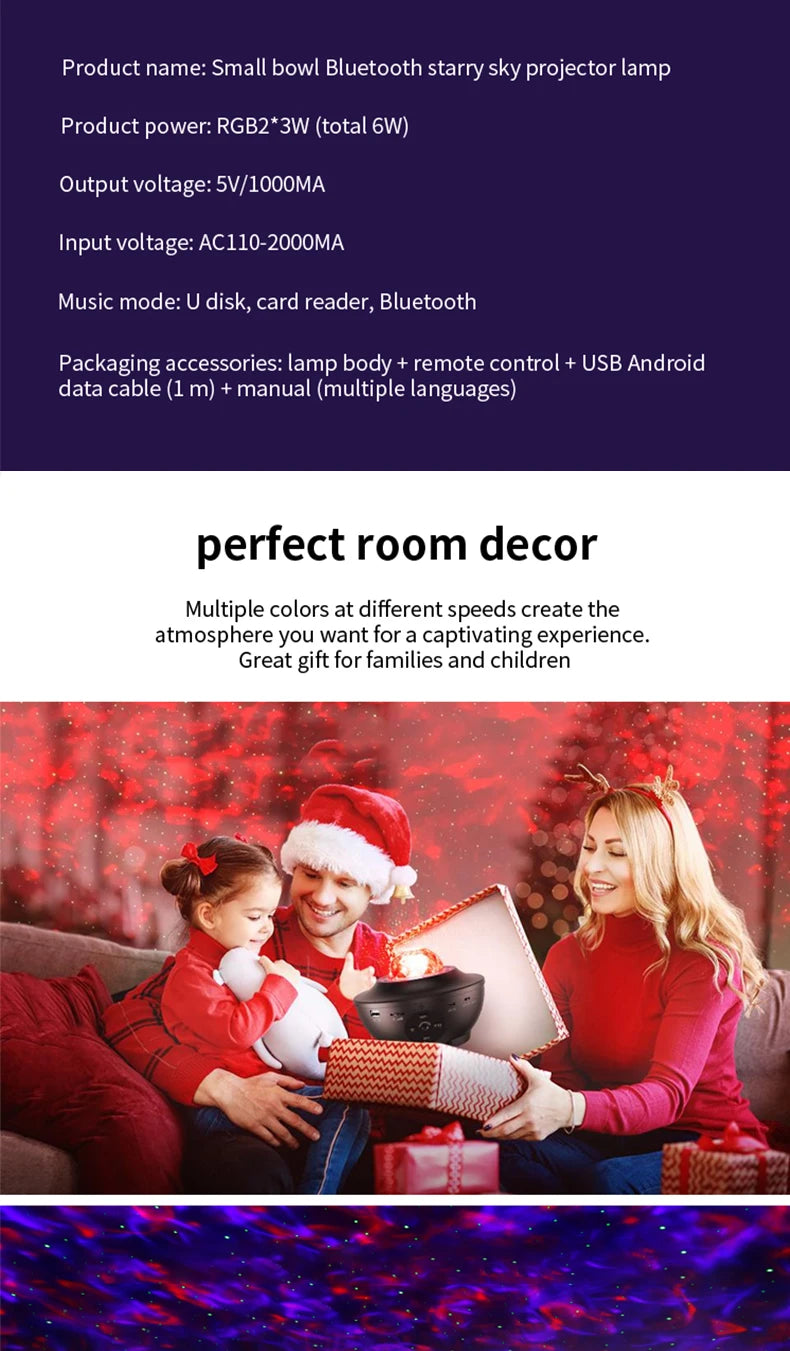 LED Starry Sky Projector Night Light Remote Control Switch USB Music Player Ocean Wave Galaxy Ambient Light Kids Birthday Gift