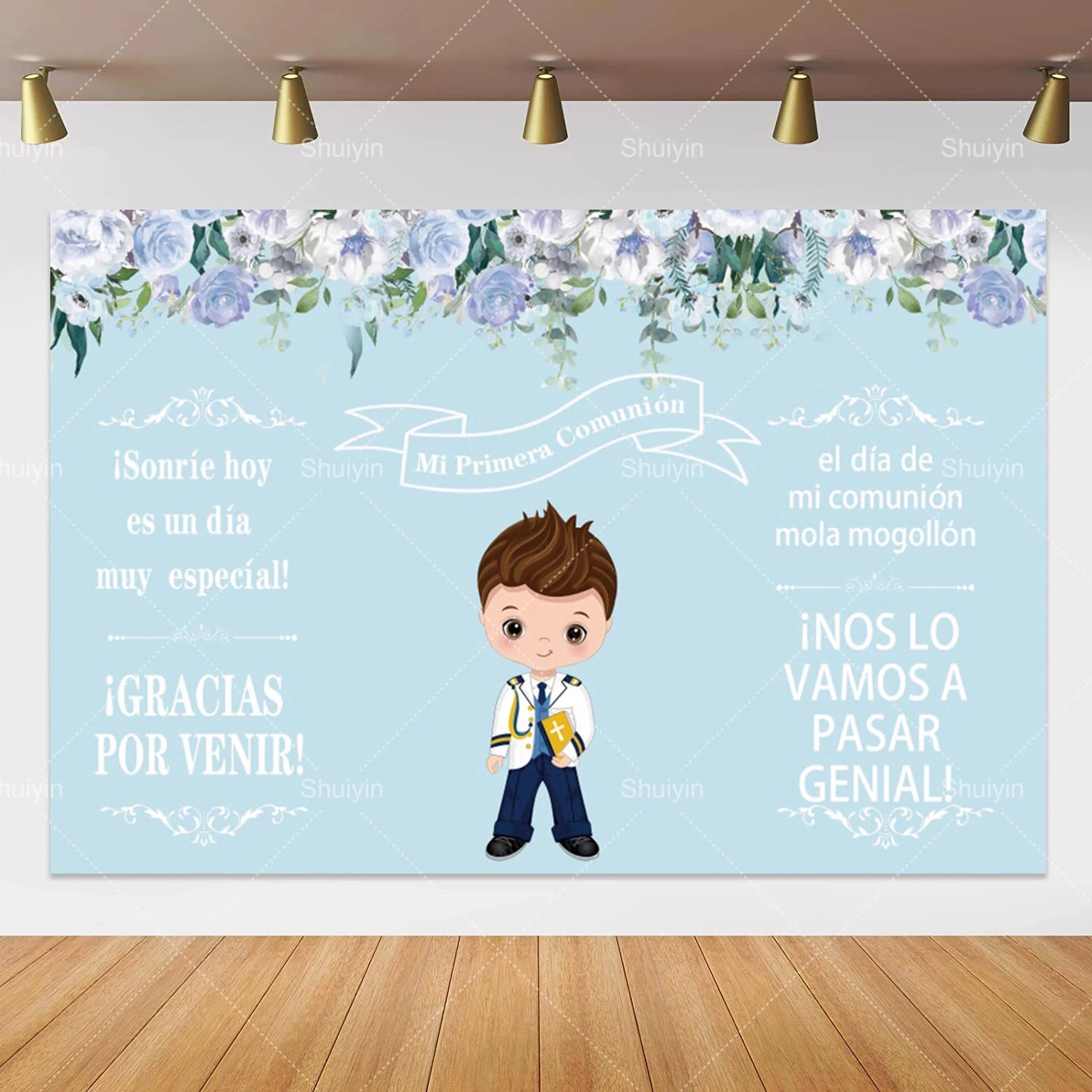Boy Girl First Communion Backdrop Gold Cross Grail God Bless Baptism Party Decor Background Christening Baby Shower Photo Props