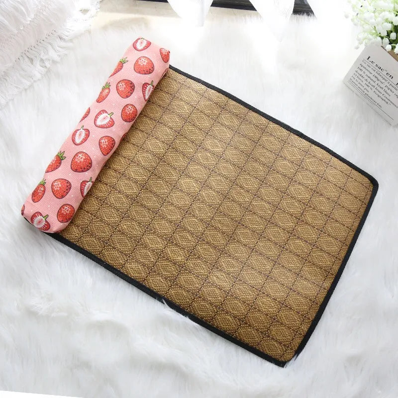 I YAN cat cooling mat with rattan weave design, self-cooling pet bed pad for cats and dogs, indoor summer sleeping mat