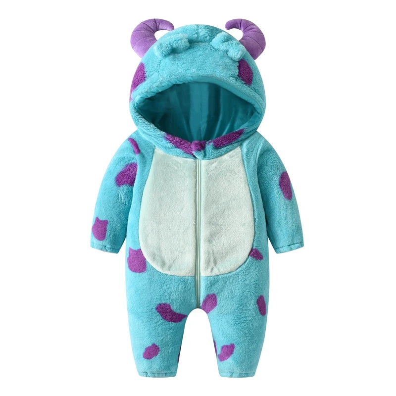 1-5years Kids Infant Fleece Jumpsuit Pajamas Cartoon Monster Horn Hooded Warm Thicken Winter Rompers Snowsuit For Girls And Boys