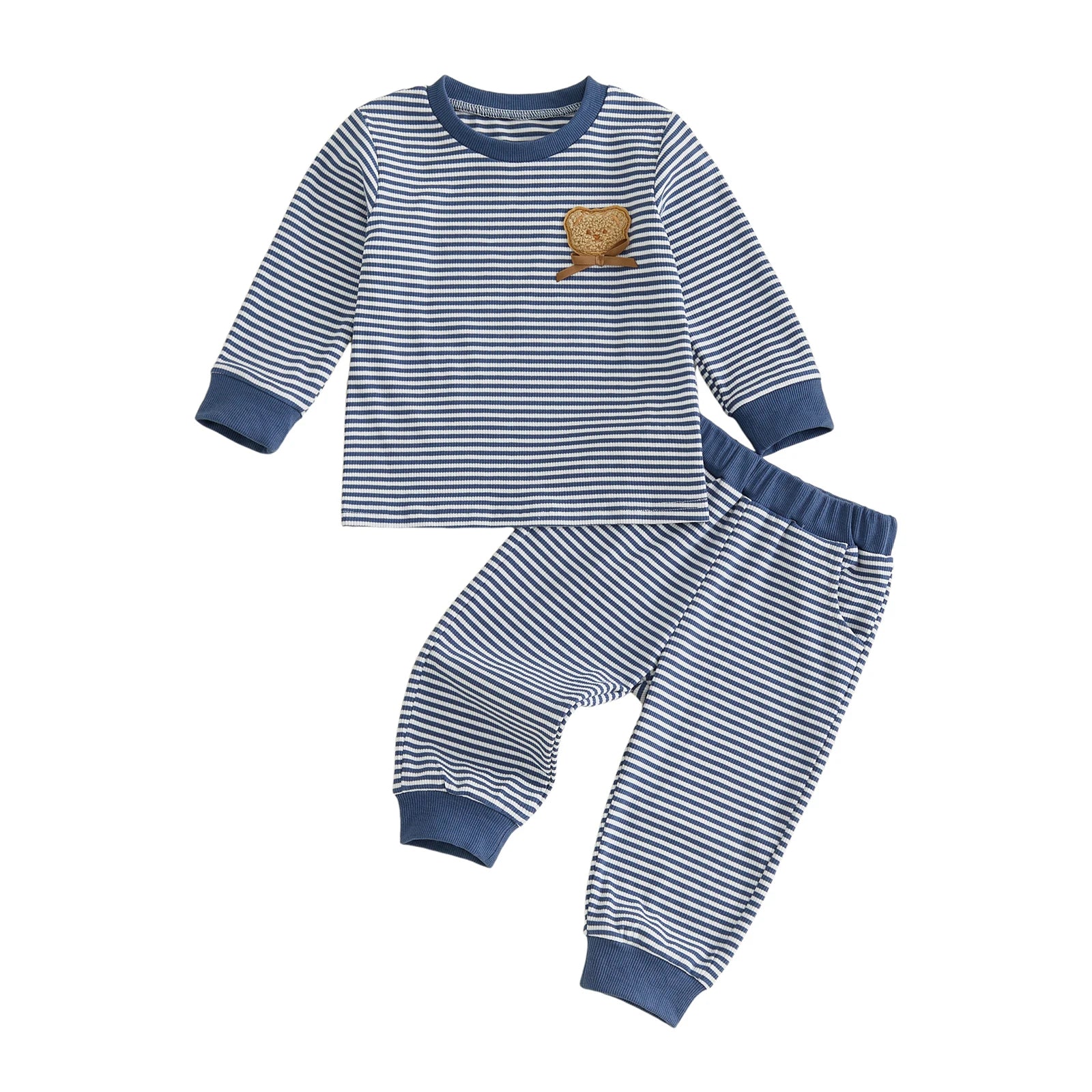 Toddler boy striped neck sleeve shirt with embroidered bear and crew neck, featuring colorful fall-inspired striped print, by I YAN.