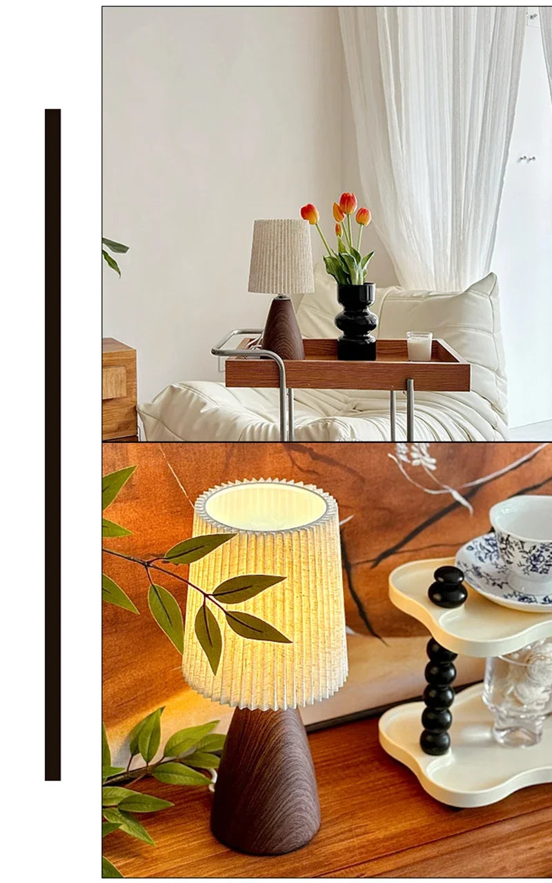 Retro LED Table Lamp Bedroom Fabric Pleated USB Study For Home Room Decor Desktop Decorative Ambiance Bedrooms LED Bedside Lamps