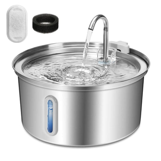 I YAN stainless steel cat water fountain with 108oz capacity, ultra-quiet pump, filtration system, and water level window.