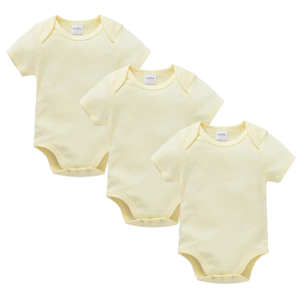 Kavkas 3 or 5-piece baby bodysuit set by I YAN with solid white short sleeve cotton jumpsuits for boys and girls, ages 0-24 months