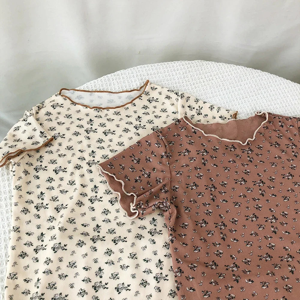 I YAN kids summer 2-piece set with floral printed short sleeve T-shirt and matching pants, casual home wear for children