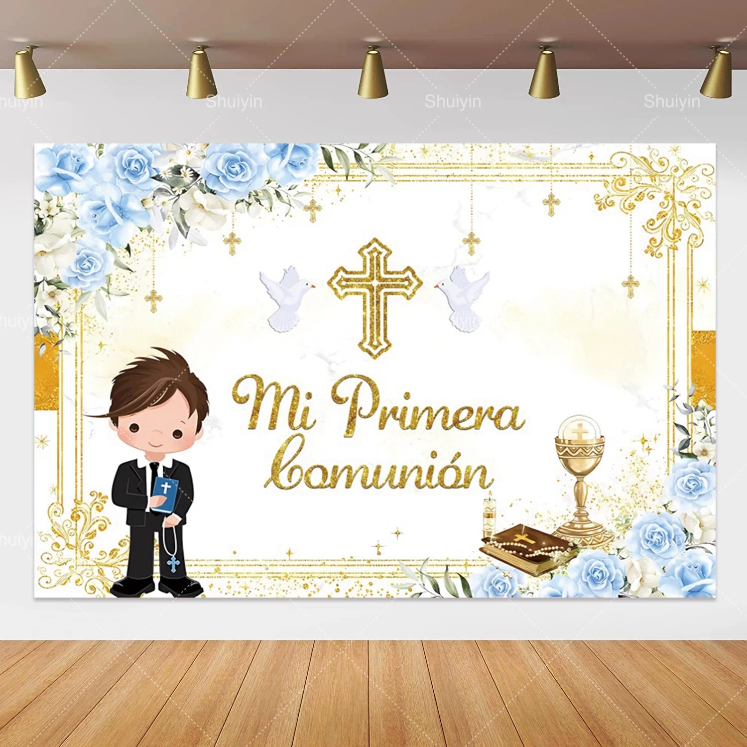 Boy Girl First Communion Backdrop Gold Cross Grail God Bless Baptism Party Decor Background Christening Baby Shower Photo Props